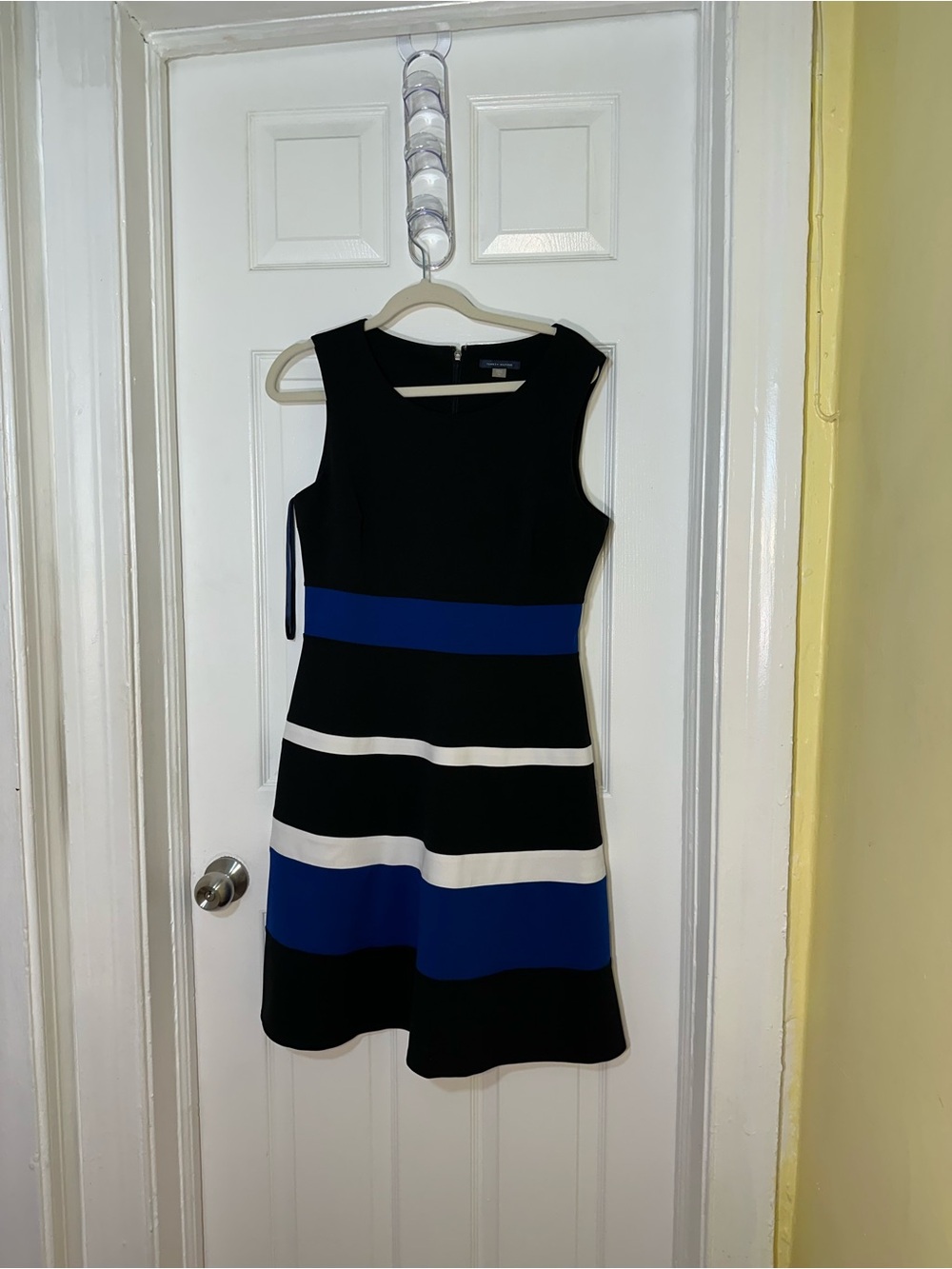 Tommy Hilfiger Black, Royal Blue & White Striped Sleeveless Fit-and-Flare Dress